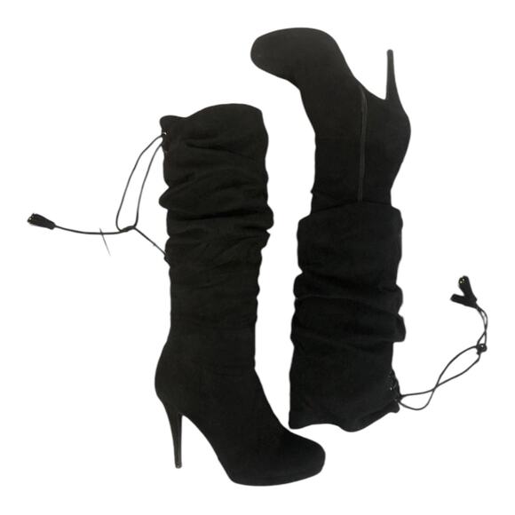 Thalia Sodi Brisaf Fabric knee high Slouchy Heel boots with tassels black size 9 - Picture 2 of 11